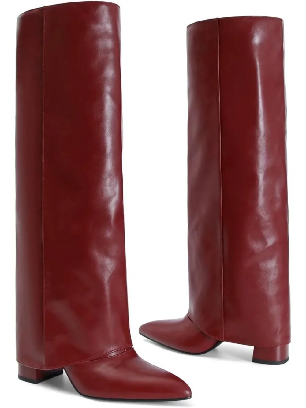 Women's Red Pointed Toe Faux Leather Chunky Heel Fold Over Knee High Boots